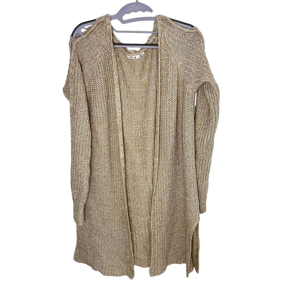 Ohmg Women Beige Chunky Shaker Knit Longline Open Front Cardigan Sleeve Slit M